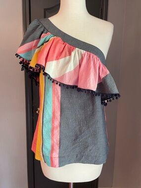 Trina Turk One-Shoulder Cotton Linen Ruffle Top in Pink, Gray & Yellow
